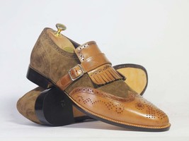 Bespoke Brown Fringes Monk Strap Shoes, Men&#39;s Handmade Leather Suede Dress Shoes - £116.53 GBP+