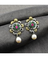 Indian Real 925 Silver Natural Emerald Pearl Jhumka Two Tone Earrings - €62,15 EUR