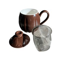 Teavana 8 oz Porcelain Personal Tea Mug Cup Infuser Strainer Lid 3 pc Set Brown - £6.80 GBP