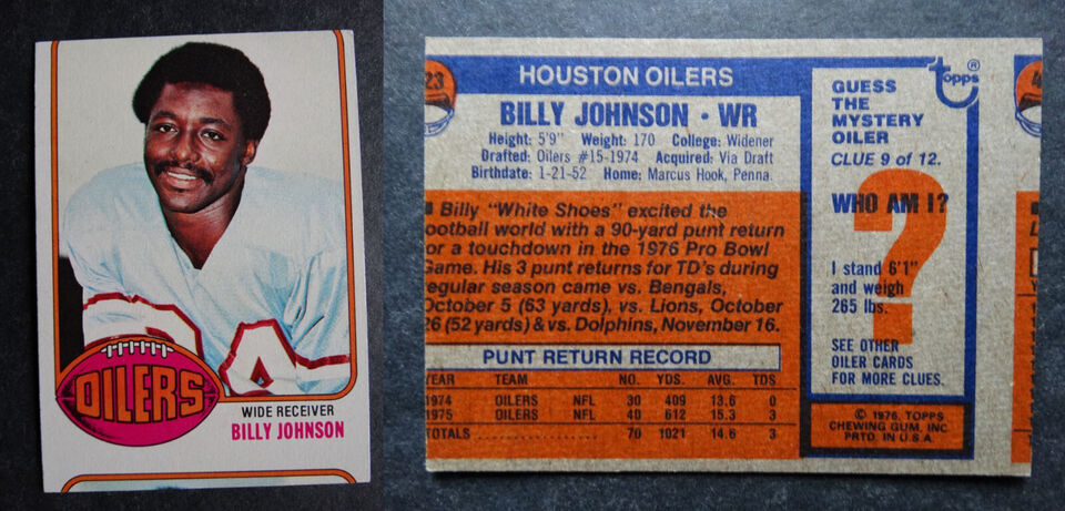 Primary image for 1976 Topps #223 Billy Johnson Oilers Miscut Misprint Error Oddball Football Card