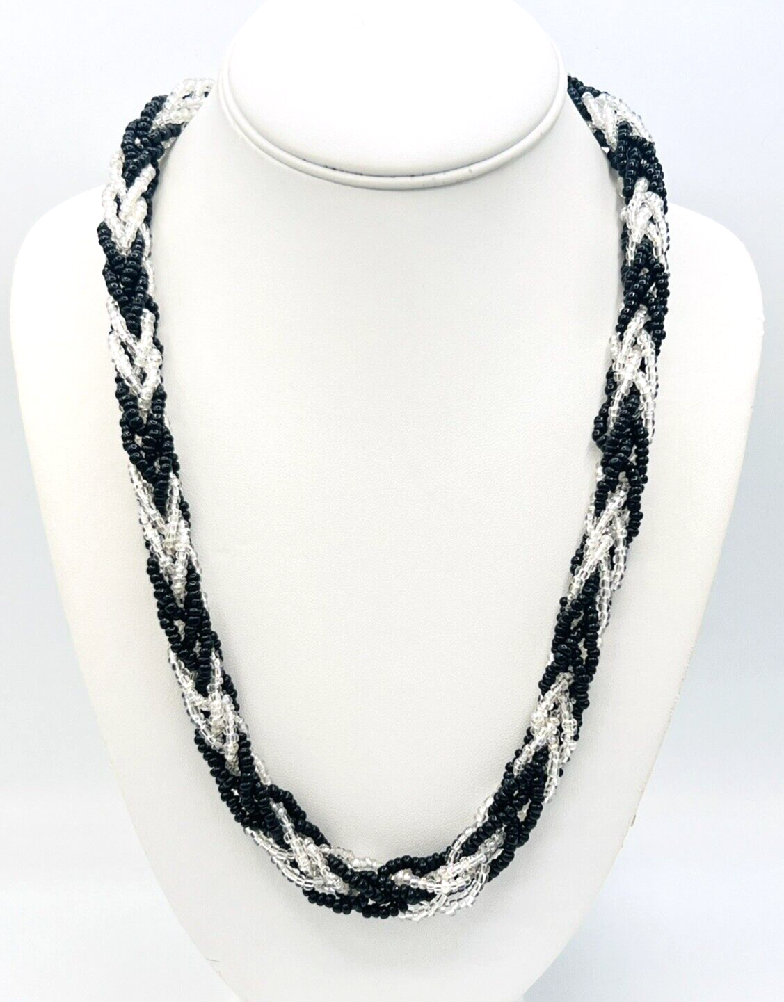 Primary image for Vintage Signed Trifari Black White Braided Seed Bead Necklace 24 in
