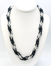 Vintage Signed Trifari Black White Braided Seed Bead Necklace 24 in - £22.10 GBP