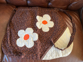 Handmade Quilted Brown w White &amp; Orange Daisy Flowers Retro Hippie Half Apron – - £9.02 GBP