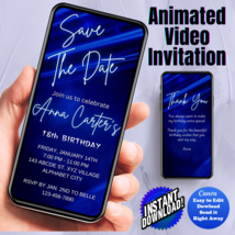 Any Age Invite, Save the Date Blue Digital Invitation, Animated Video In... - £4.68 GBP