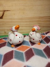 Ducks Salt and Pepper Shakers White Red Dots Ceramic Plastic Stoppers Vintage - £12.91 GBP
