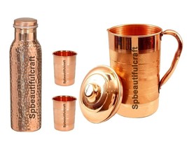 Copper Water Jug Pitchers 1500ML Hammered Copper Water Bottle 2 Drinking Tumbler - £38.64 GBP