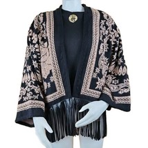 Chicos Fringe Ruana Wrap Sweater Coat Womens S/M Brown Black Floral Faux Leather - £38.54 GBP