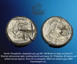 465-430 BC Grec Pamphylia Aspendos Ar Argent Stater Warrior &amp; Triskeles Pièce - £155.38 GBP