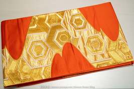 Vintage Women&#39;s Kimono Belt - Fukuro Obi with Gold Threading on Orange - Tortois - £38.36 GBP