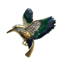 Vtg Hummingbird Brooch Pin Green Blue Enamel Rhinestone Bird Twitcher Jewelry - £12.65 GBP