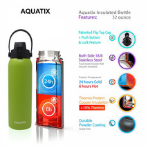 New Aquatix Lime Insulated FlipTop Sport Bottle 32 oz Pure Stainless Steel - £23.03 GBP