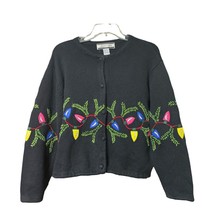Crystal Kobe Womens Black Embroidered Lights Xmas Cardigan Sweater Size Medium - £13.32 GBP