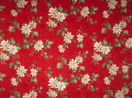 Cranston VIP Poinsettia Fabric 1 yd Remnant Red with White Flowers - £6.40 GBP