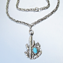Vintage Faux Turquoise Southwestern CACTUS Pendant Long Silver Tone Neck... - $14.80