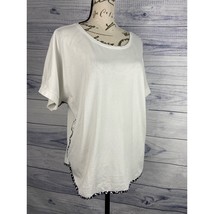 Weekends Chicos 3 Chambray Cheetah Trim Tunic Top Womens XL Hi Low Scoop White - £10.67 GBP