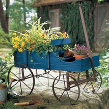 Wagon Garden Flower Planter Moving Wheels Outdoor Yard Art Amish Decor BLUE - £28.22 GBP