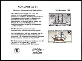 USPS PS37 Souvenir Cards, Nordposta&#39;81,  US  &amp; Germany sailing ship stamps 1981 - £3.63 GBP