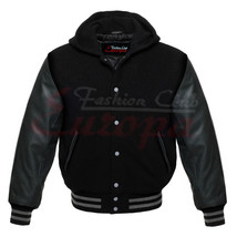 Premium Varsity Black Wool Letterman Hoodie Real Black Leather Sleeves XS-4XL - £75.84 GBP