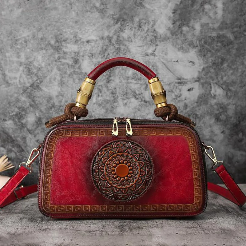 High Quality Handmade Shoulder Bags For Women  Bag Retro Totem Embossing Women'