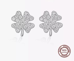 Sterling Silver 925 Sparkling Irish Four Leaf Clover stud Earrings With Clear CZ - £13.90 GBP