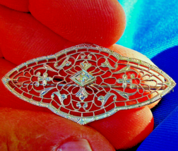 Earth mined European Diamond Deco Filigree Brooch Unique Antique White Gold Pin - £662.31 GBP