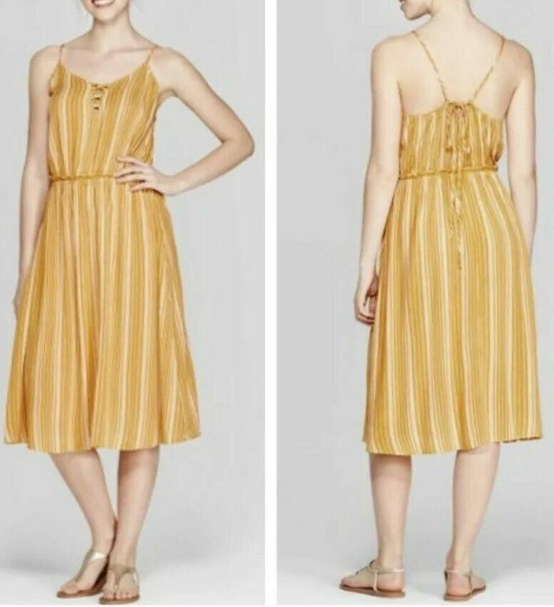 Primary image for Xhilaration™ Women's Medium ~ Striped V-Neck ~ Lace-Up Top ~ Midi Dress ~ Yellow