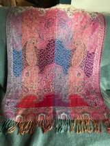 Gorgeous 100% Cashmere Purple Pink &amp; Turquoise Jacquard Large Women’s Neck Scarf - $28.73