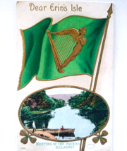 St Patricks Day Postcard Dear Erin&#39;s Isle Gold Harp Flag Canoe Label Boat Lake - £10.83 GBP
