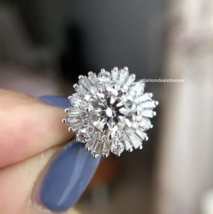 Glittering White Baguette &amp; Round Cut 6.87CT Diamonds Halo Flower Design Ring - $467.06