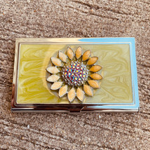 Metal Business Card Case w. Jeweled Sunflower on the Lid EUC - $21.31