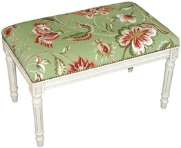 Bench Jacobean Floral Flowers Green Antique White Wash Antiqued Wool Uph... - £397.95 GBP