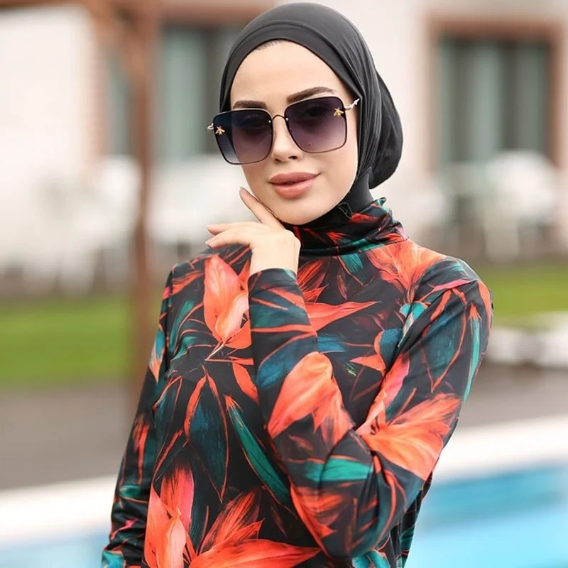 Sporting Women Muslim Swimwear Maple Leaf Printing Lslamic Clothes Hijab 3 Pcs L - £63.34 GBP