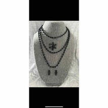 vintage Austrian Black Beaded Necklace, Earrings, and Brooch Set - £58.72 GBP