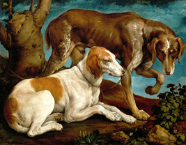 Art Giclee Printed Oil Painting Print Two Hunting Dogs Tied to a Tree Stump - £6.72 GBP+