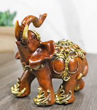 Feng Shui Faux Wood Left Facing Trunk Up Elephant With Golden Tapestry Figurine - £11.98 GBP