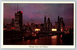 Postcard Chicago River And Skyline At Night Illinois IL c1960&#39;s - £3.61 GBP