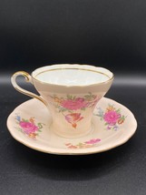 Aynsley Teacup and Saucer bone china, corset shape, floral,peach and whi... - $27.55