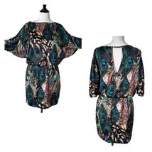 Cache Peacock Feather Pattern Dress Blouson Satin Beaded Colorful Women ... - £34.83 GBP