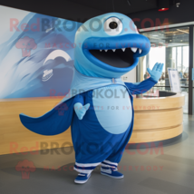 Blue Whale mascot costume character dressed with a Graphic Tee and Rings - $1,299.00