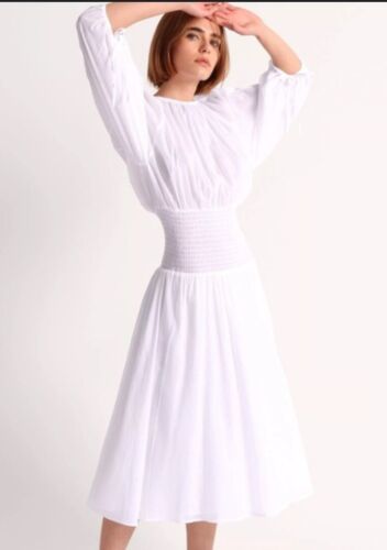 SKIN Barrie Shirred Cotton Voile Midi Dress Sz 2 Smoked White $298, Sz 2... - $64.34