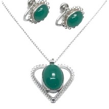 Vintage sterling silver green glass screwback earrings heart necklace 15” - £66.45 GBP