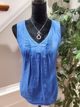 Vince Camuto Women&#39;s Blue 100% Linen V-Neck Sleeveless Casual Pullover Shirt 2XS - £27.52 GBP