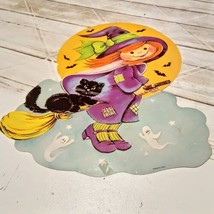 Vtg Halloween Die Cut Witch On Broom w/Black Cat Ghosts Bats Moon USA 12.5&quot;X 15&quot; - £6.68 GBP