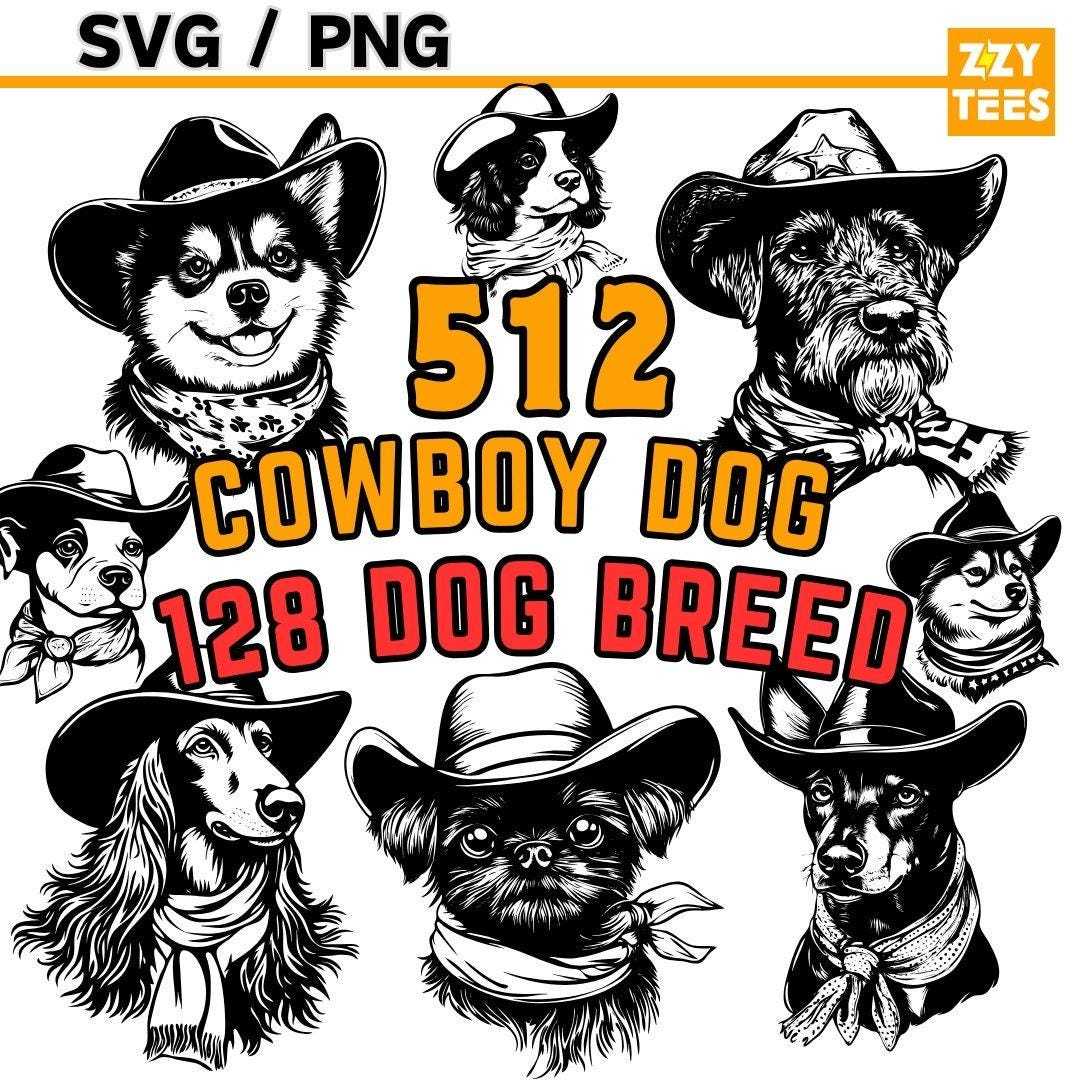 512 Cowboy Dog Portrait SVG PNG Bundle - 128 Dog Breeds SVG Cutting Mach... - $2.98