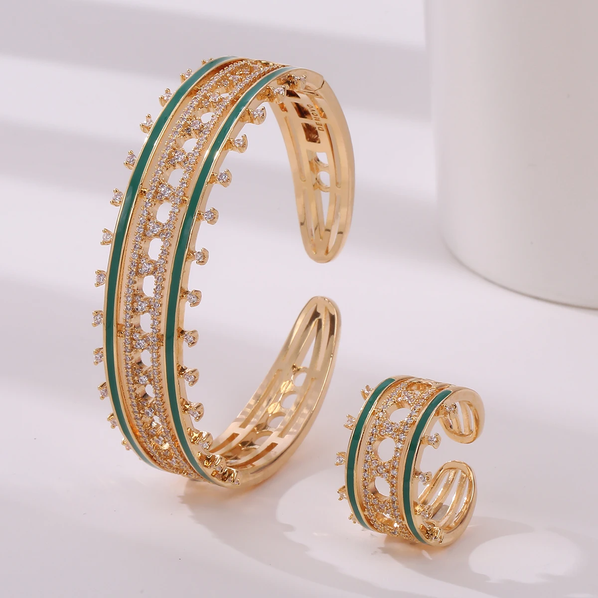 Women Fashion Cuff Bangle Ring Set Arabian style Zircon Hollow Out Colorful Drip - £55.68 GBP