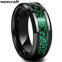 Mens Black Tungsten Wedding Dragon Ring Green Carbon Fiber Male Fashion Jewelry  - £19.53 GBP