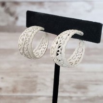 Vintage Clip On Earrings - Lace Design Cream Elongated Hoops - £9.50 GBP