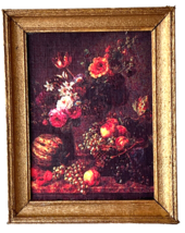 Miniature Dollhouse Floral Art Picture in Red &amp; Gold Wood Frame 2-3/8” x... - $19.34