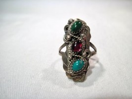 Sterling Silver Malachite/Amber/Turquoise Tri-Stone Ring Size 7 3/4 K451 - £54.47 GBP