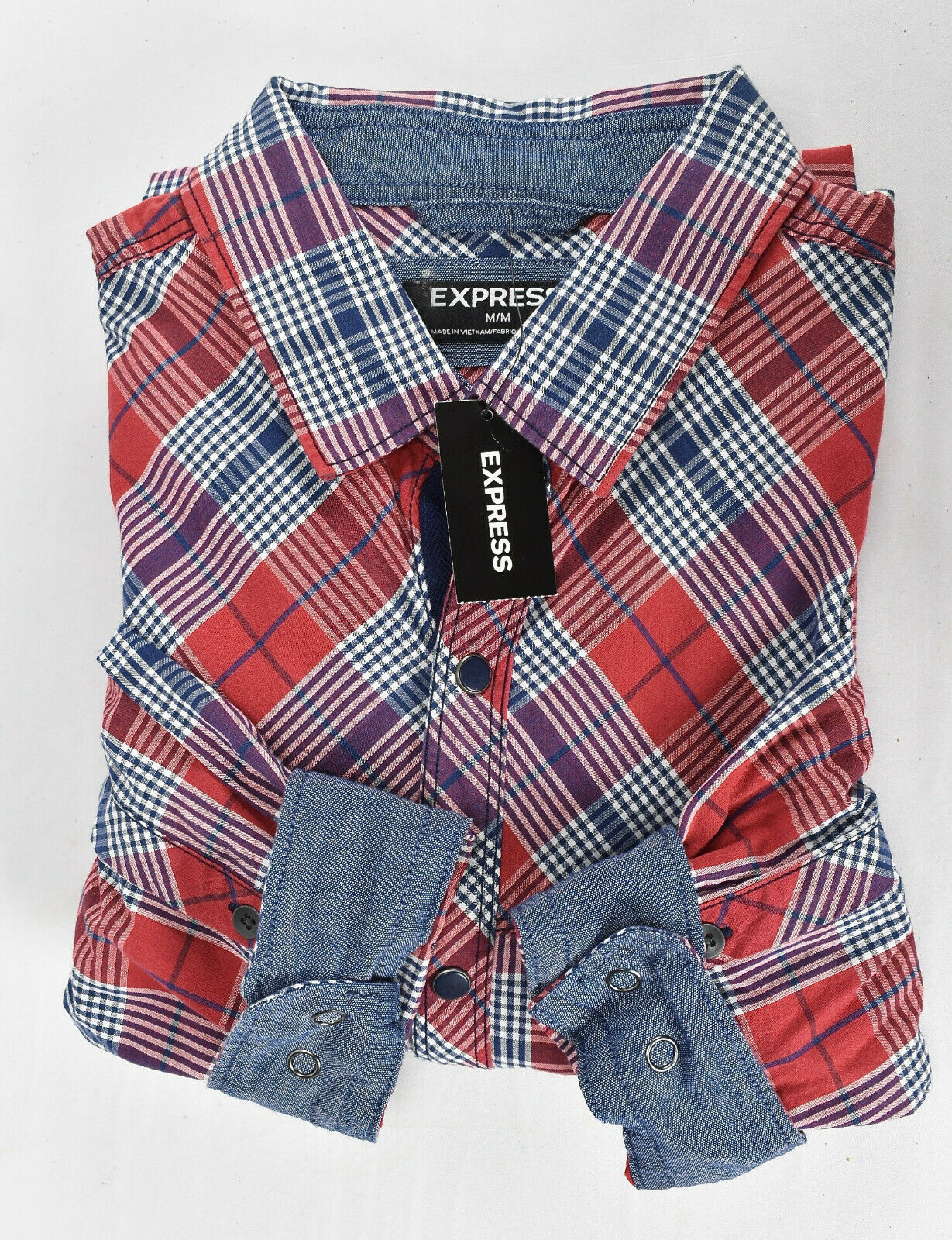 Primary image for Express Plaid Snap Button Down Flip Cuff Shirt Mens Medium NWT
